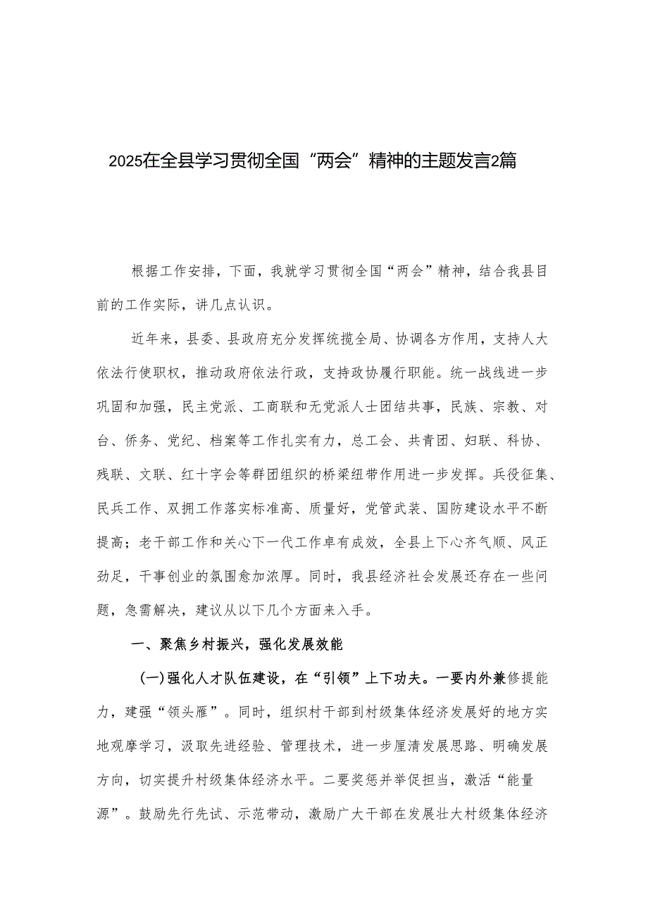 2025在全县学习贯彻全国“两会”精神的主题发言2篇.docx_第1页