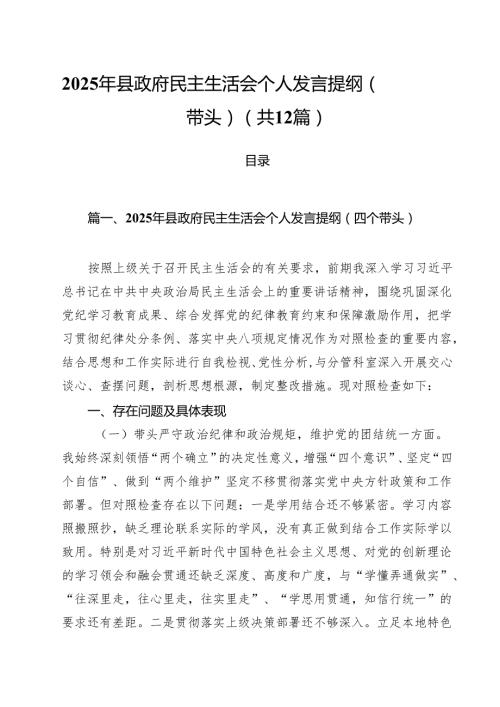 2025年县政府民主生活会个人发言提纲（四个带头）（共12篇）.docx