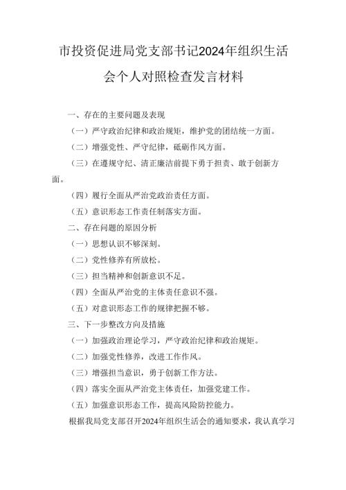 市投资促进局党支部书记(2024年)组织生活会个人对照检查发言材料.docx