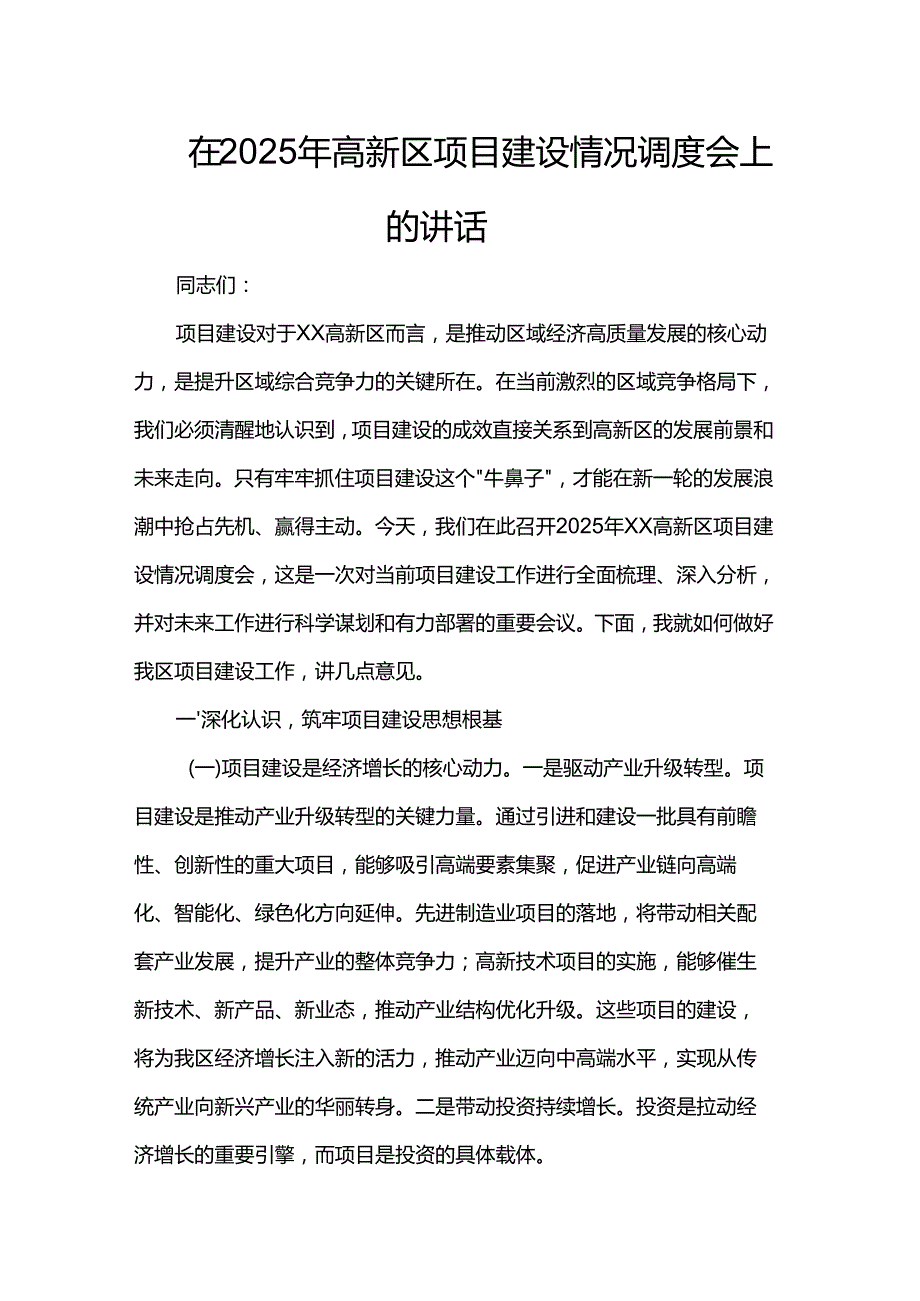 在2025年高新区项目建设情况调度会上的讲话.docx_第1页