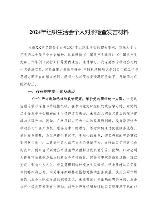 公司2024年组织生活会个人对照检查发言材料(1).docx