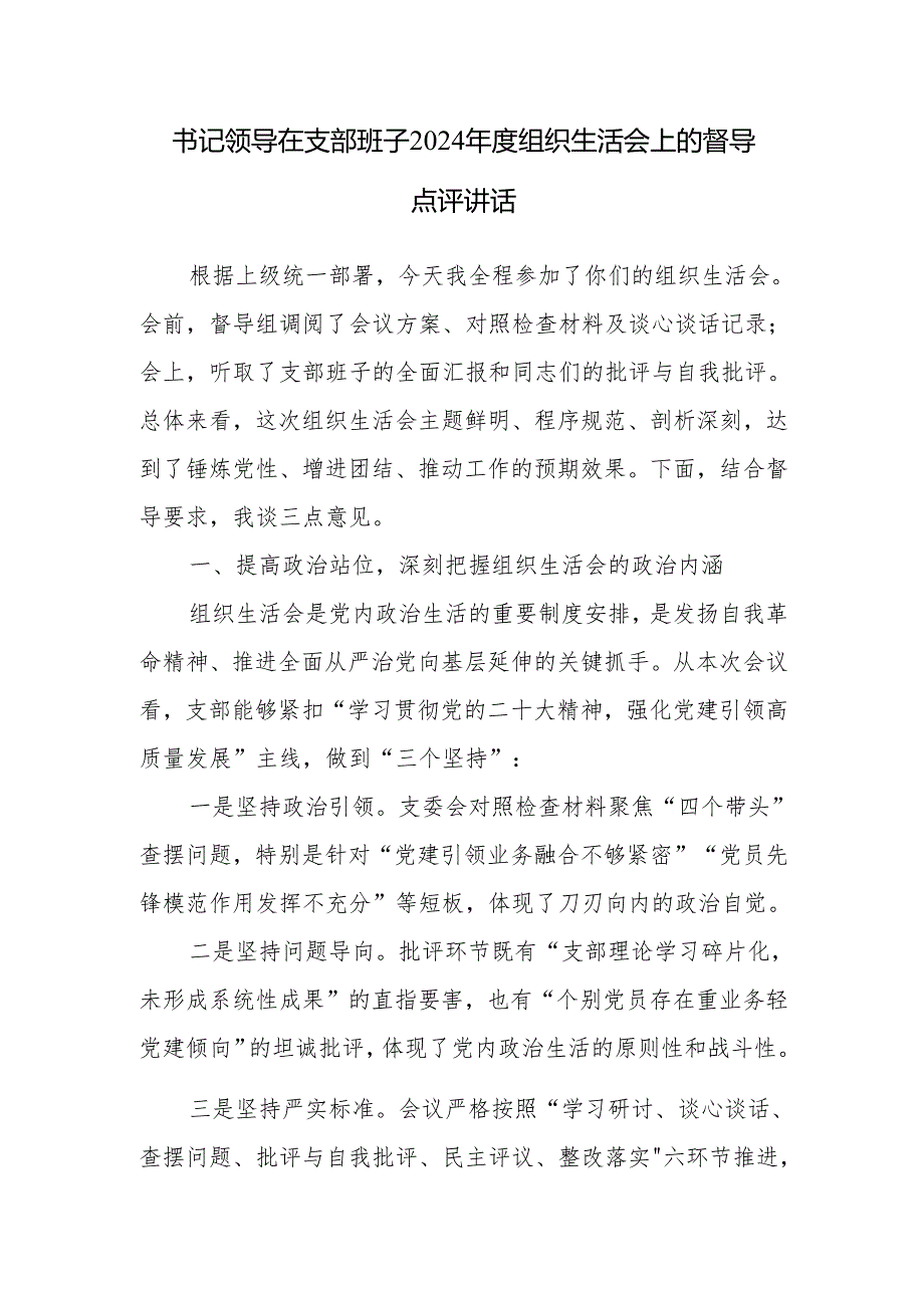 书记领导在支部班子2024组织生活会上的督导点评讲话和督导组长点评意见.docx_第2页