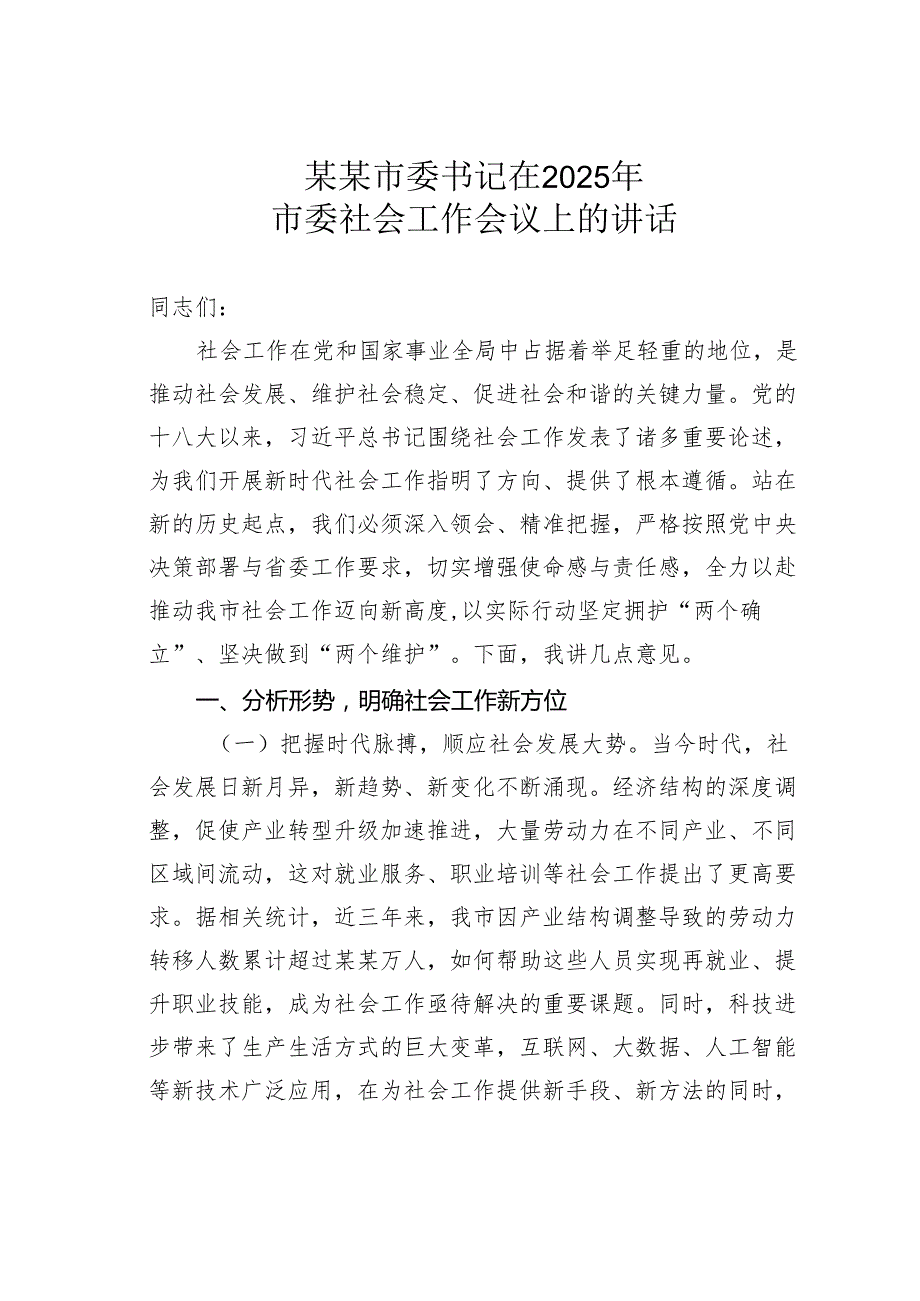 某某市委书记在2025年市委社会工作会议上的讲话.docx_第1页