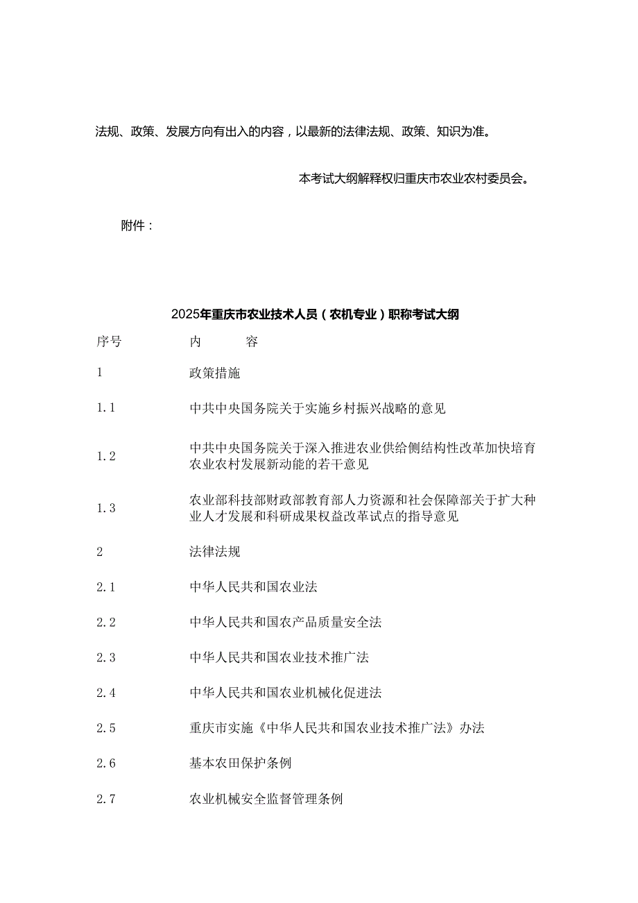 2025年重庆市农业技术人员（农机、兽医、种植业、畜牧、水产专业）职称考试大纲.docx_第1页