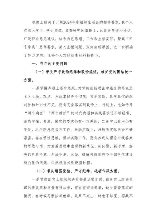 最新2024组织生活个人检查材料（“四个带头”）word范文.docx