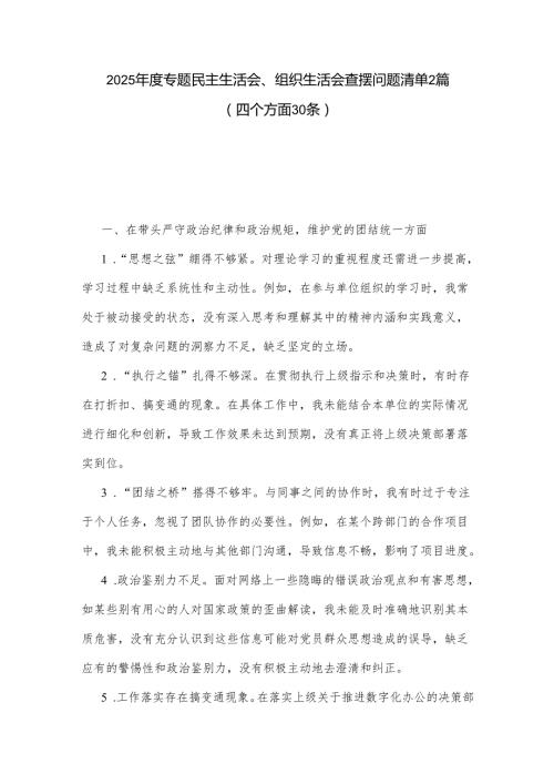 2025专题民主生活会、组织生活会查摆问题清单2篇（四个方面30条）.docx