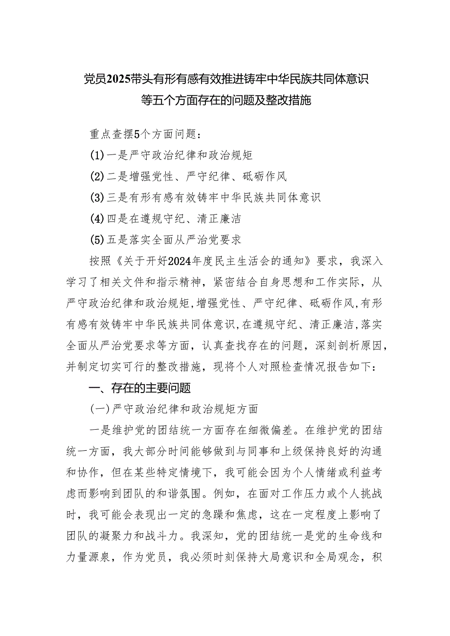 党员2025带头有形有感有效推进铸牢中华民族共同体意识等五个方面存在的问题及整改措施.docx_第1页