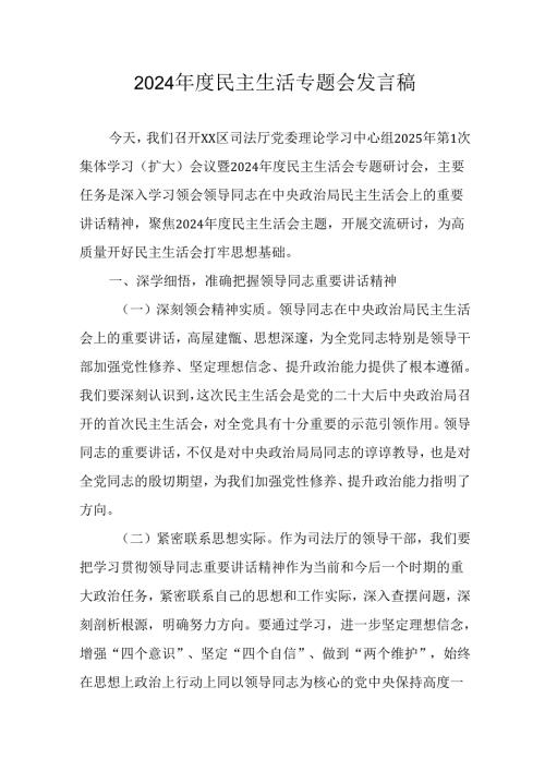 党员干部学习2024民主生活专题会发言工作汇报汇编6份.docx