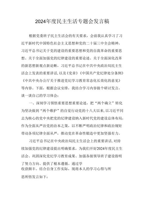 学习2024民主生活专题会发言稿（8份）.docx