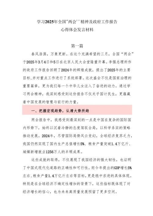 学习2025年全国“两会”精神及政府工作报告心得体会发言材料.docx