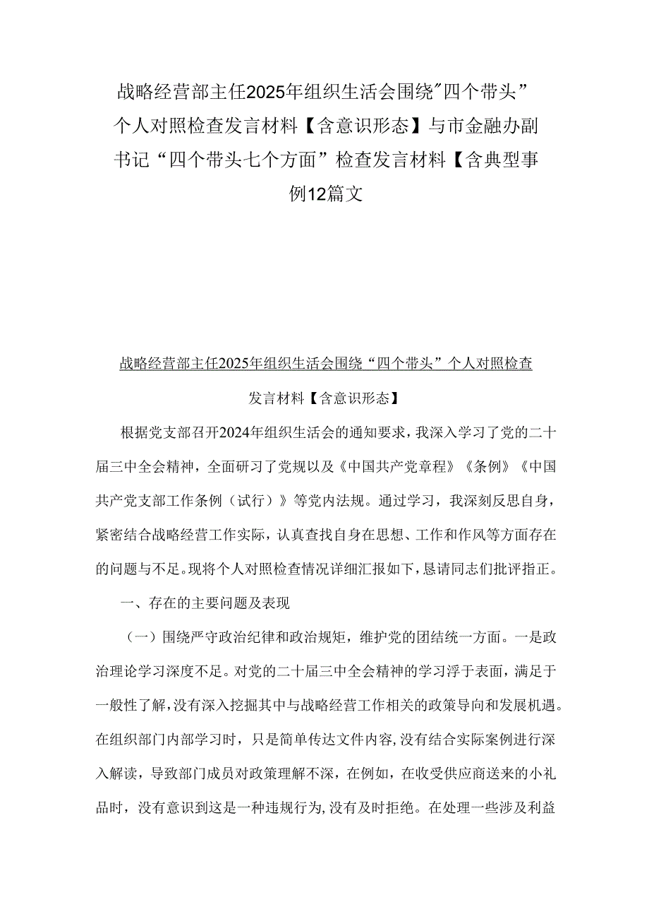 战略经营部主任2025年组织生活会围绕“四个带头”个人对照检查发言材料【含意识形态】与市金融办副书记“四个带头七个方面”检查发言材料.docx_第1页