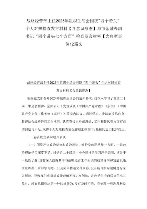 战略经营部主任2025年组织生活会围绕“四个带头”个人对照检查发言材料【含意识形态】与市金融办副书记“四个带头七个方面”检查发言材料.docx