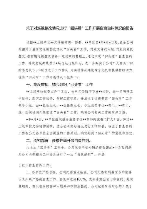 关于对巡视整改情况进行“回头看”工作开展自查自纠情况的报告(8篇).docx