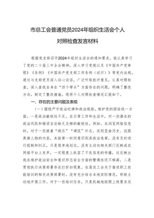 总工会普通党员2024组织生活个人检查发言材料.docx