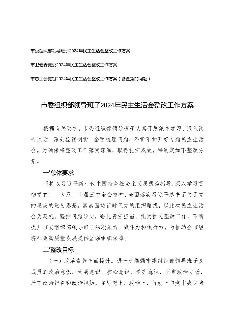 领导班子20242025年民主生活会整改工作方案（含查摆的问题+整改目标+存在问题和整改措施+工作要求）.docx_第1页
