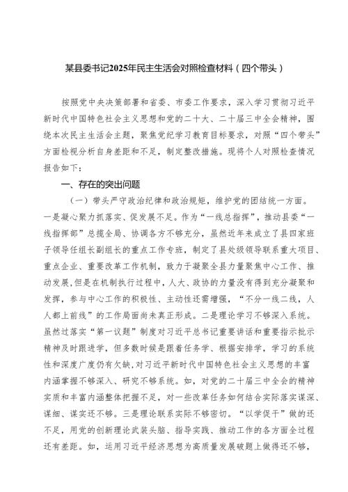 五篇某县委书记2025年民主生活会对照检查材料（四个带头）范文.docx