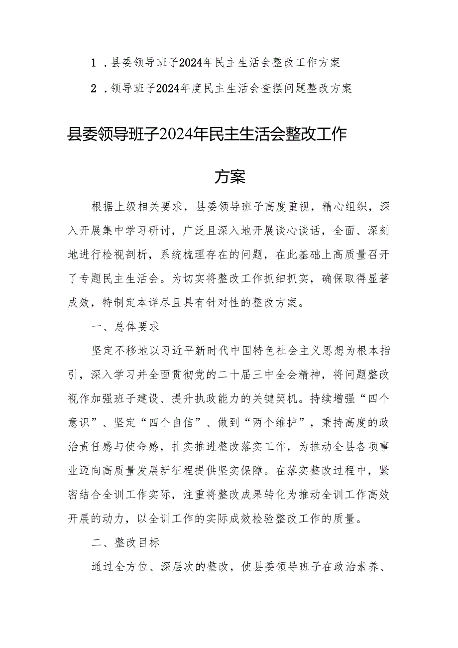 两篇：领导班子2024民主生活会查摆问题整改方案范文.docx_第1页