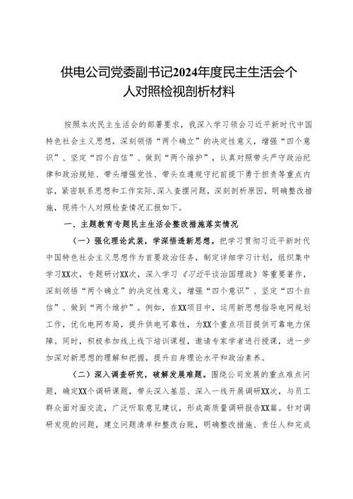 供电公司党委副书记2024民主生活会个人对照检视剖析材料.docx