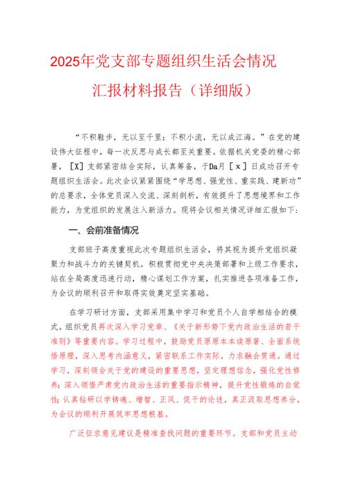 2025年党支部专题组织生活会情况汇报材料报告（详细版）.docx