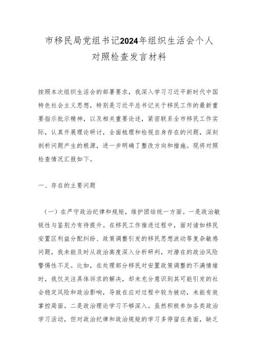 市移民局党组书记2024年组织生活会个人对照检查发言材料(1).docx