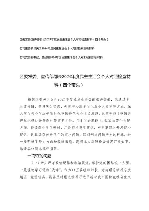 公司主要领导、公司党委副书记、总经理、宣传部部长20242025民主生活会个人对照检查材料（四个带头）.docx