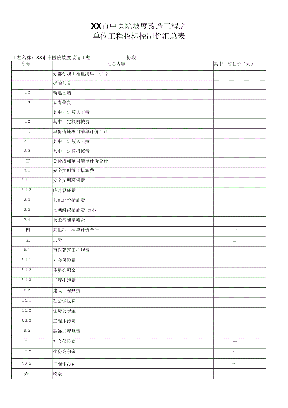 XX市中医院坡度改造工程之单位工程招标控制价汇总表（2025年）.docx_第1页