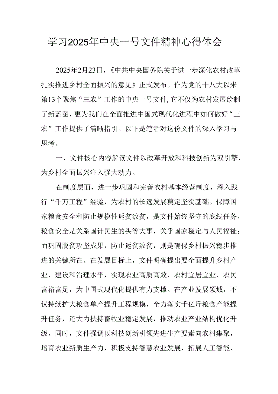 学习2025年中央一号文件精神心得体会 汇编5份.docx_第1页