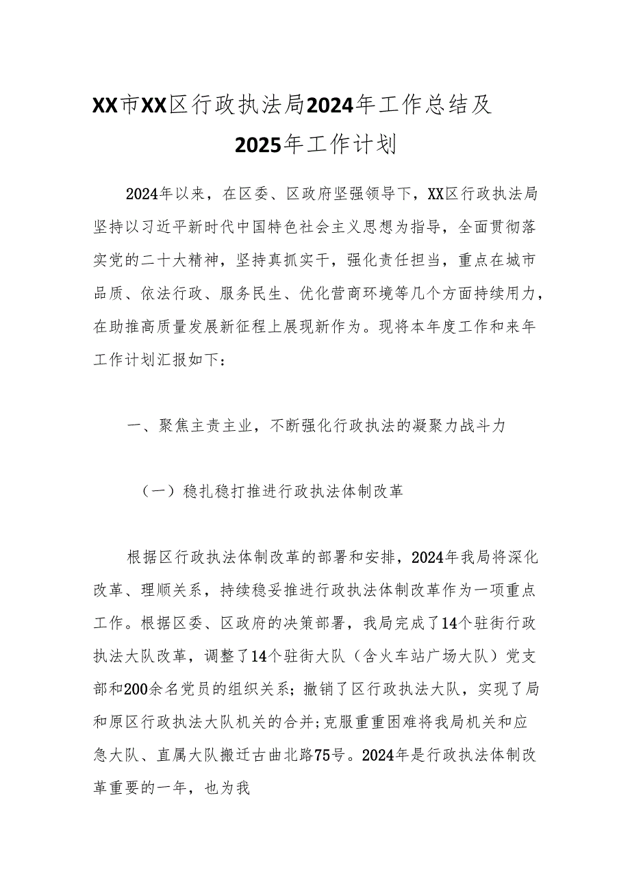 XX市XX区行政执法局2024年工作总结及2025年工作计划.docx_第1页
