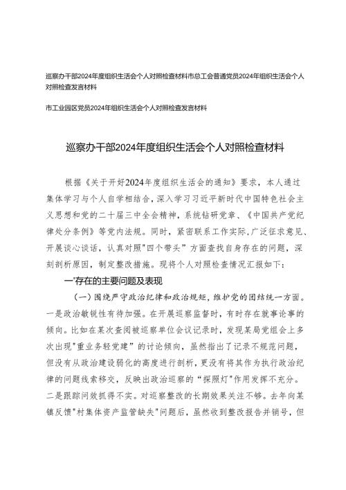 巡察办干部、总工会普通党员、工业园区党员20242025组织生活会个人对照检查材料（增强党性、严守纪律砥砺作风方面、在遵规守纪、清正.docx