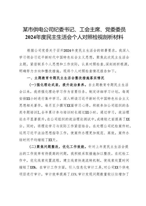 某市供电公司纪委书记、工会主席、党委委员2024民主生活会个人对照检视剖析材料(1).docx