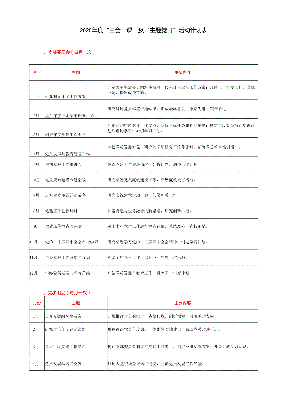 2025“三会一课”及“主题党日”活动计划表+2025年党组理论学习中心组学习计划.docx_第1页
