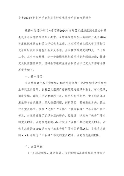 全市20242025组织生活会和民主评议党员会后综合情况报告.docx