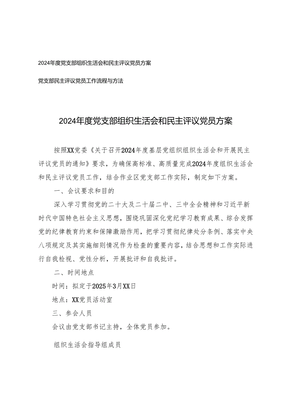 20242025党支部组织生活会和民主评议党员方案+党支部民主评议党员工作流程与方法.docx_第1页