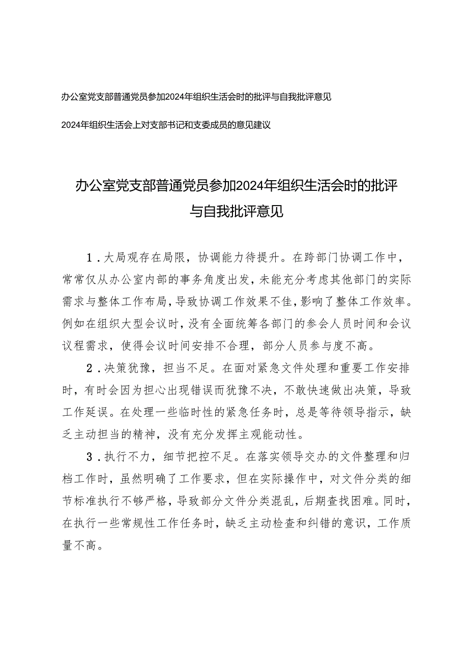2025年3月 办公室党支部普通党员参加组织生活会时的批评与自我批评意见+组织生活会上对支部书记和支委成员的意见建议.docx_第1页