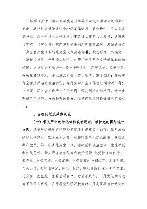 最新2024民主生活领导班子四个带头检查材料可编辑文档.docx