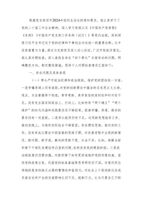 最新2024普通党员组织生活个人四个带头检查材料word范文.docx