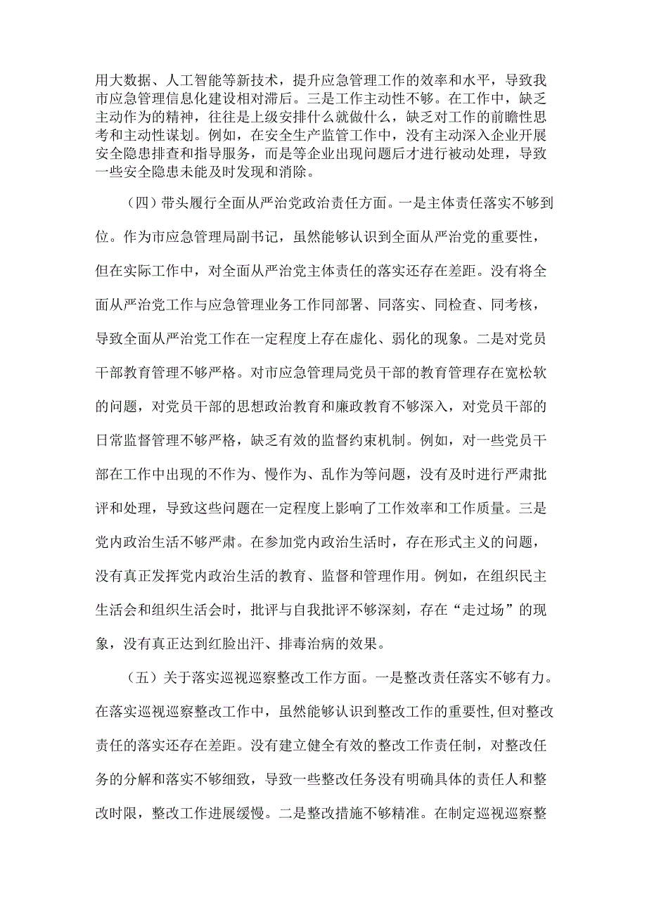 市应急管理局副书记2025年民主生活会“四个带头”个人对照检查发言材料【含典型事例剖析】.docx_第3页