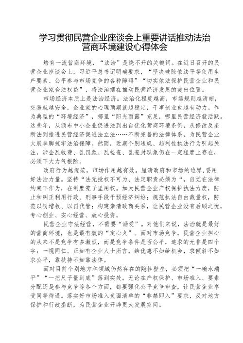 学习贯彻民营企业座谈会上重要讲话推动法治营商环境建设心得体会（共5篇）.docx
