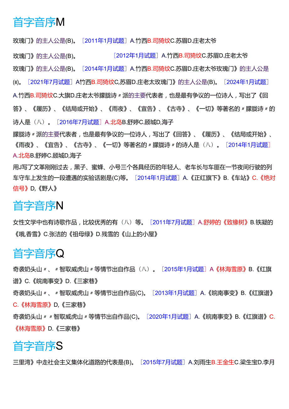 国家开放大学汉语言文学本科《中国当代文学专题》期末纸质考试第一大题单项选择题库[2025期版].docx_第2页