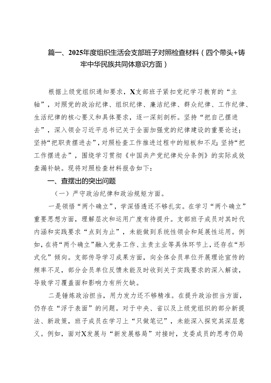 11篇2025组织生活会支部班子对照检查材料（四个带头铸牢中华民族共同体意识方面）最新版.docx_第2页