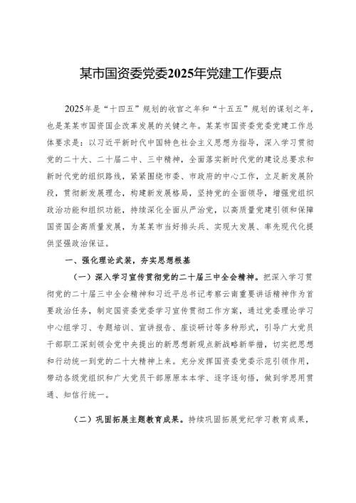 某市国资委党委2025年党建工作要点(1).docx