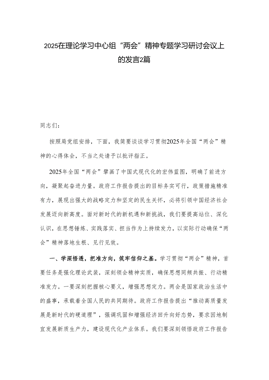 2025在理论学习中心组“两会”精神专题学习研讨会议上的发言2篇.docx_第1页