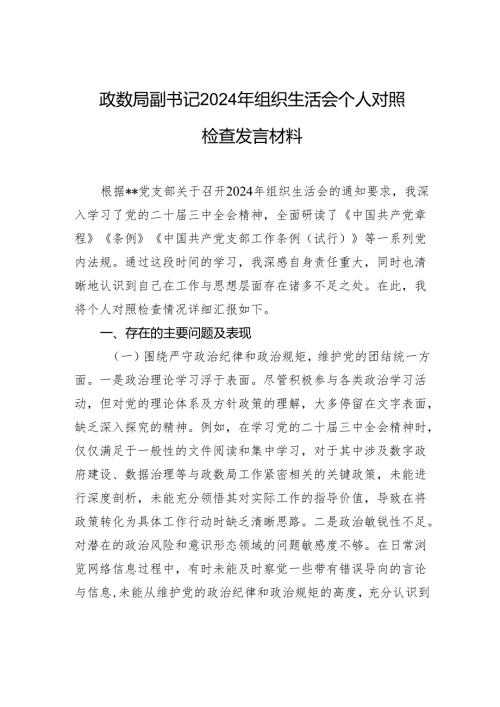 政数局副书记2024组织生活会个人对照检查发言材料.docx