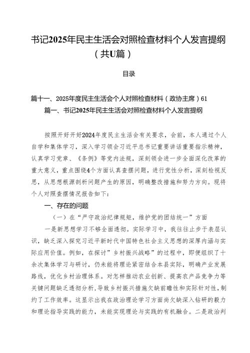 11篇书记2025年民主生活会对照检查材料个人发言提纲专题资料.docx