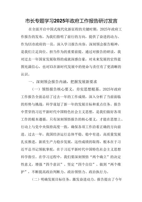 市长专题学习2025年政府工作报告研讨发言.docx
