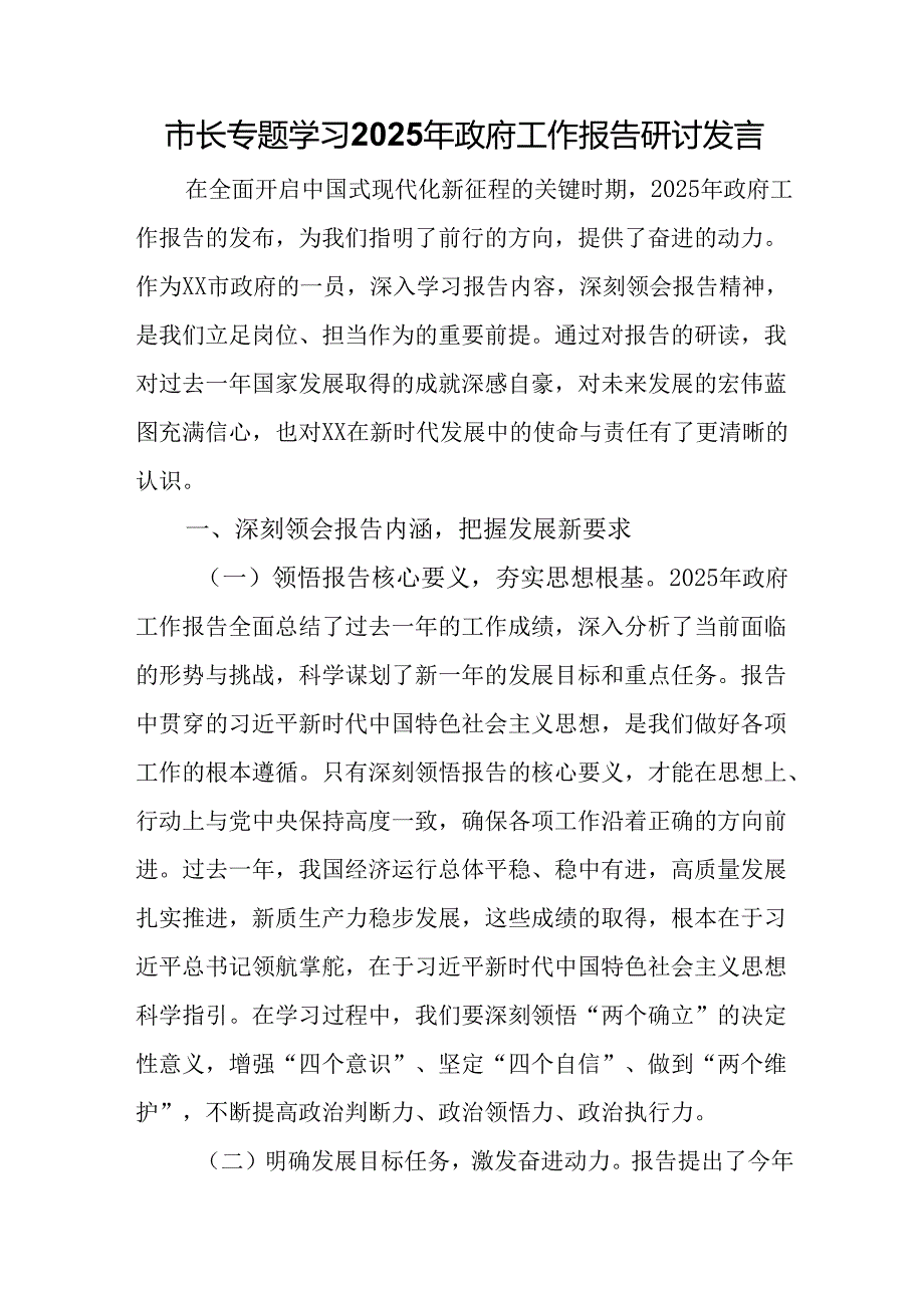 市长专题学习2025年政府工作报告研讨发言.docx_第1页
