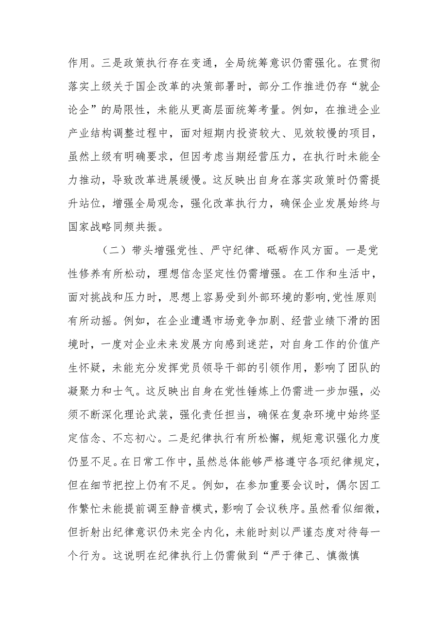 最新国企党委书记2024专题民主生活、组织生活个人检查材料（四个带头）word范文.docx_第2页