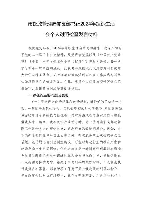 邮政管理局党支部书记2024组织生活会个人对照检查发言材料.docx