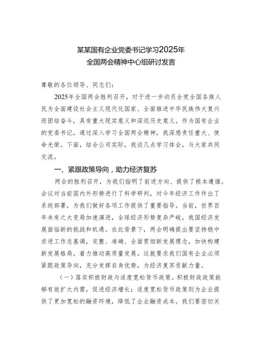 某某国有企业党委书记学习2025年全国两会精神中心组研讨发言.docx