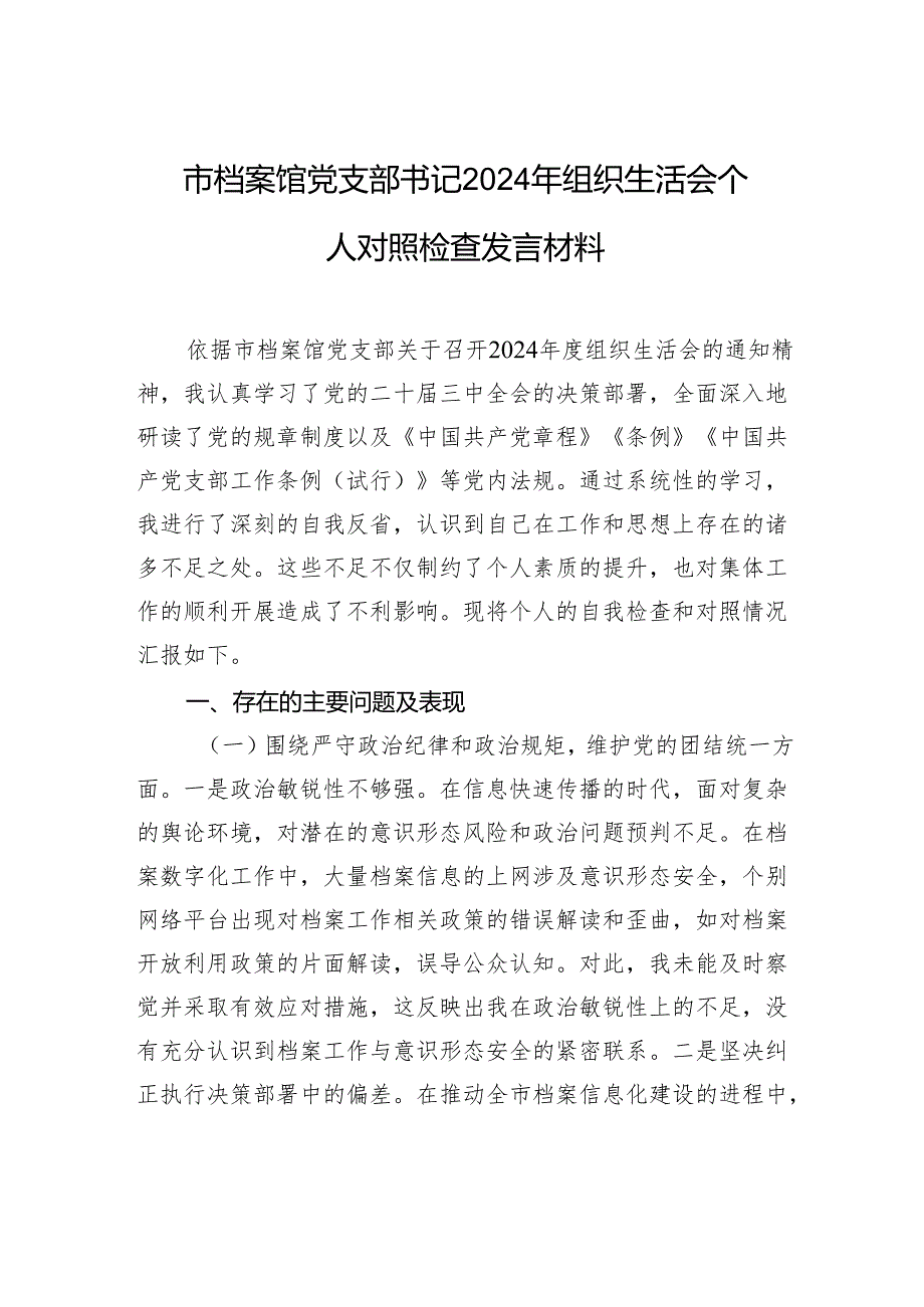 档案馆党支部书记2024组织生活个人检查发言材料.docx_第1页